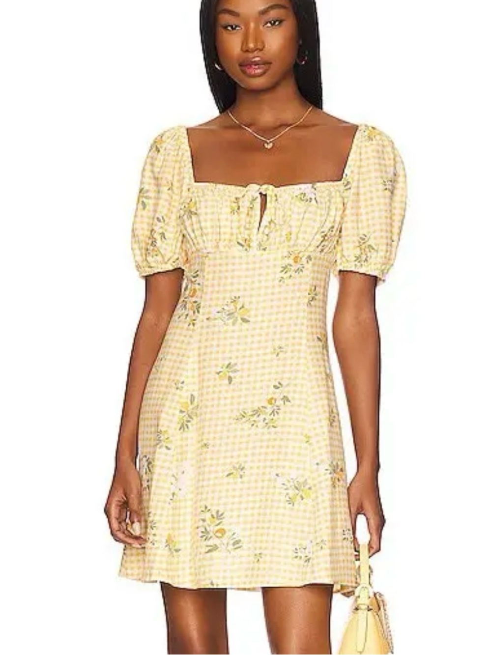 Cottagecore BCBGeneration Large Lemon Gingham Floral Puff Sleeve Mini Dress NWOT